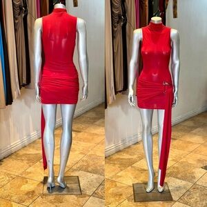 Side Drape Mock Neck Sleeveless Dress with Gold Trim